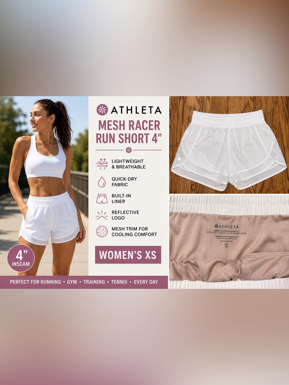 Athleta Mesh Racer Run Shorts 4” White Women’s XS Lined Athletic Running